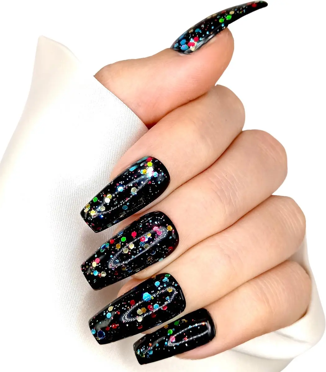 SD Press on Nails B-235 Plaknagels - 20 Stuks - Zwart Multiglitter