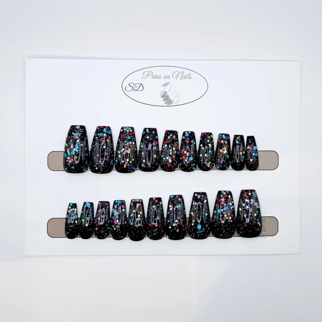 SD Press on Nails B-235 Plaknagels - 20 Stuks - Zwart Multiglitter