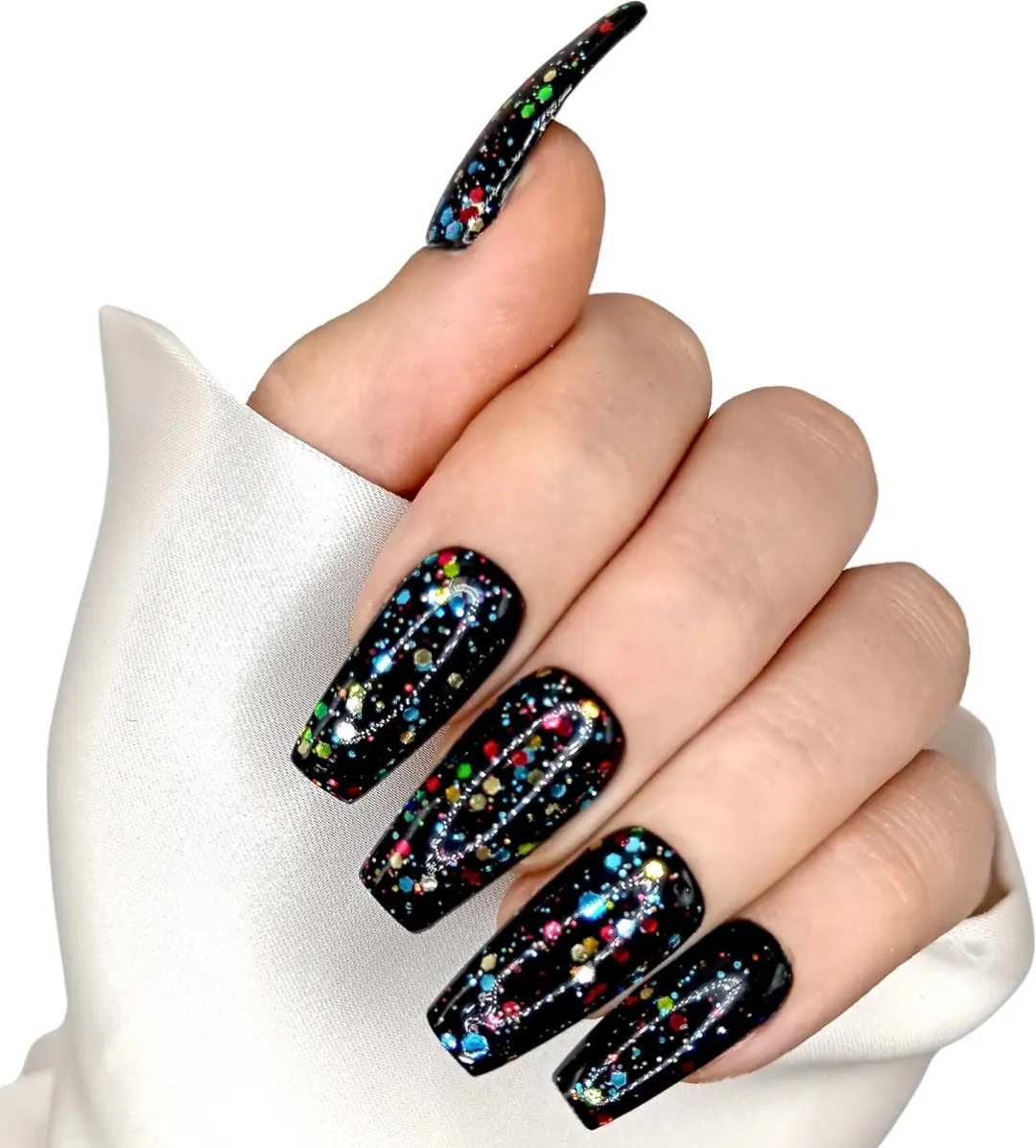 SD Press on Nails B-235 Plaknagels - 20 Stuks - Zwart Multiglitter