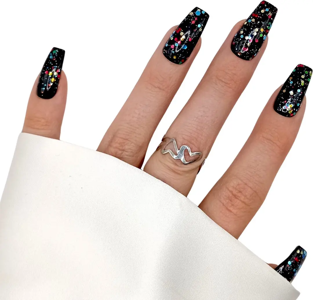 SD Press on Nails B-235 Plaknagels - 20 Stuks - Zwart Multiglitter