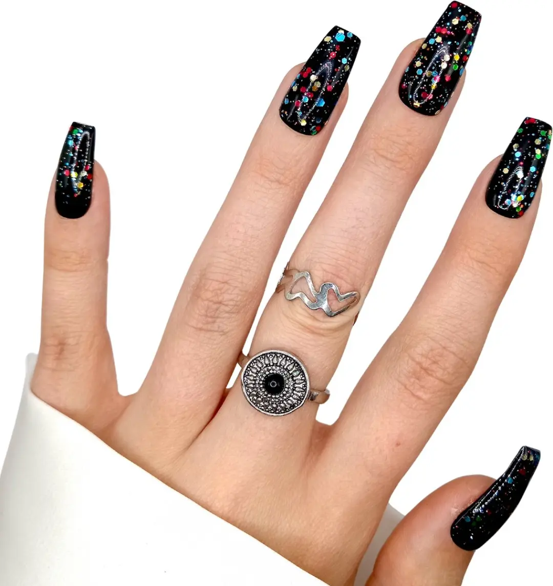 SD Press on Nails B-235 Plaknagels - 20 Stuks - Zwart Multiglitter