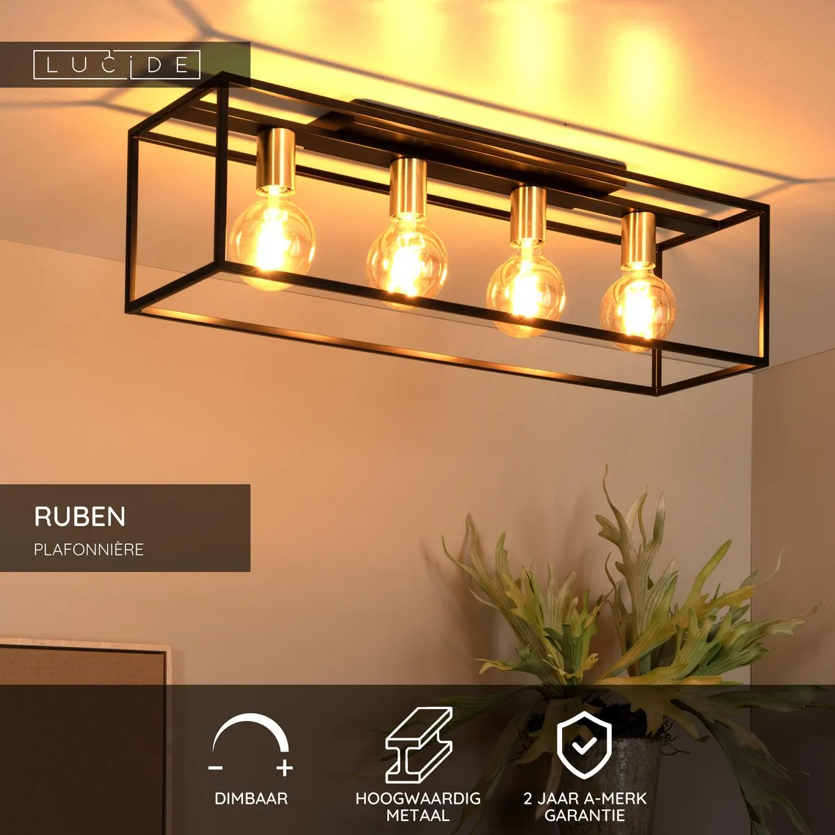 Lucide Ruben Plafondlamp 4xE27 - Zwart