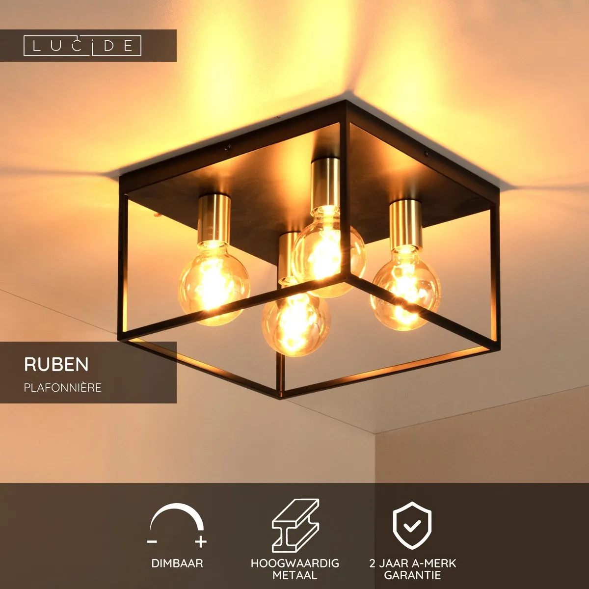 Lucide Ruben Plafondlamp 4xE27 - Zwart
