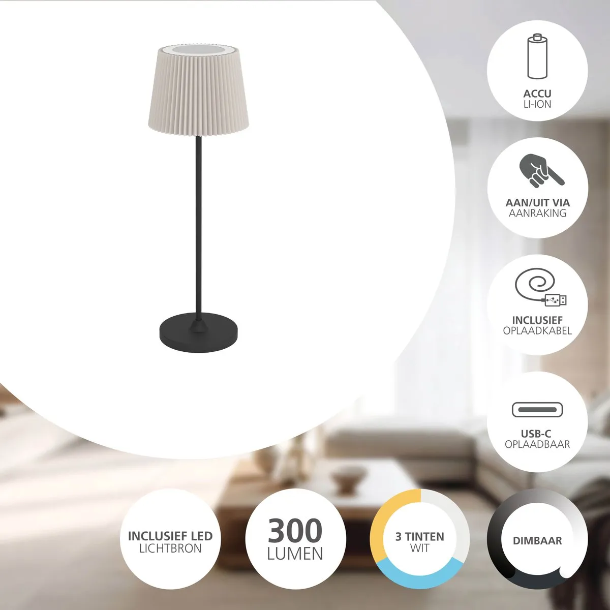 Eglo Leonero Oplaadbare LED Tafellamp 37cm - Zwart/Beige