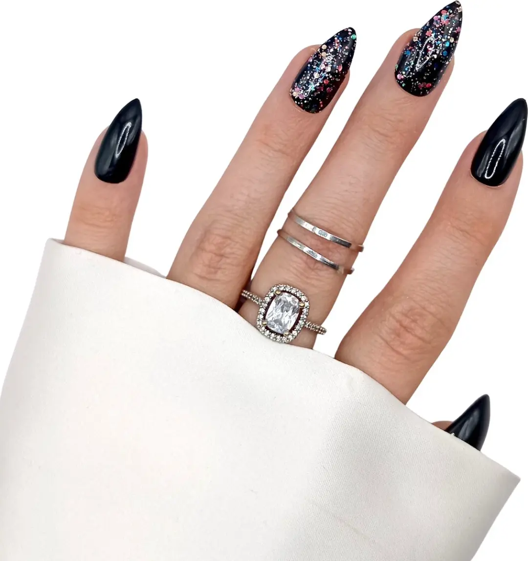 SD Press on Nails B-73 Plaknagels - Zwart met glitters - Medium Stiletto - 20 Stuks
