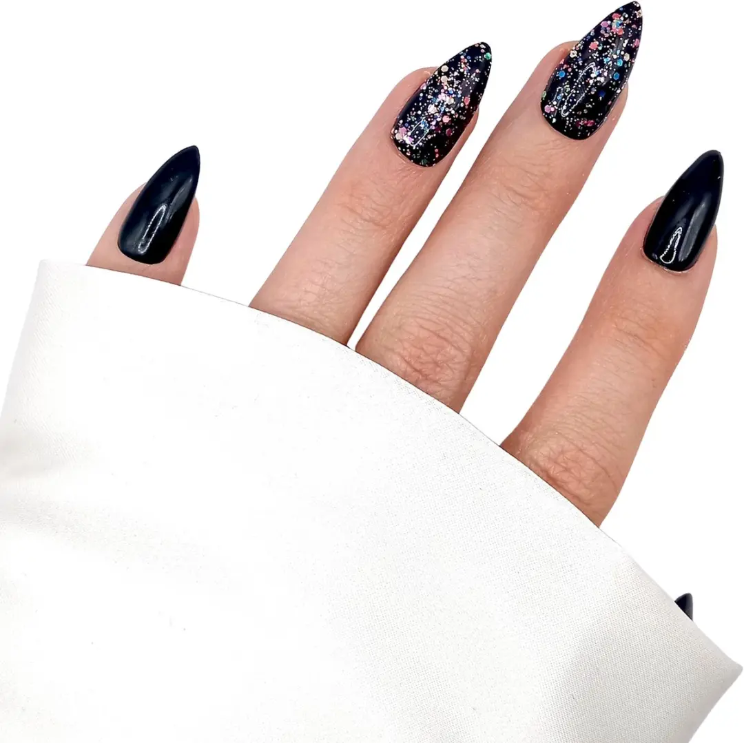 SD Press on Nails B-73 Plaknagels - Zwart met glitters - Medium Stiletto - 20 Stuks