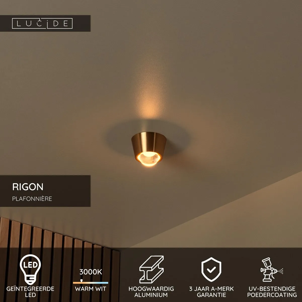 Lucide Rigon Plafondlamp Ø9cm - 7W 3000K Mat Goud