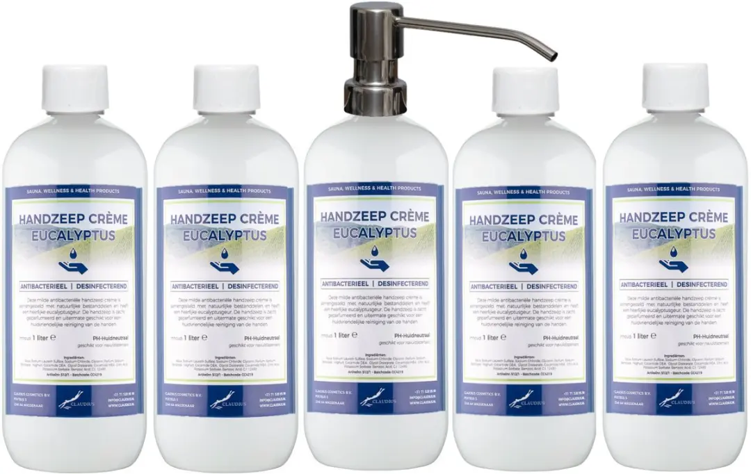 Splashbox Cosmetics Handzeep Crème Eucalyptus 5x1L - RVS Pomp