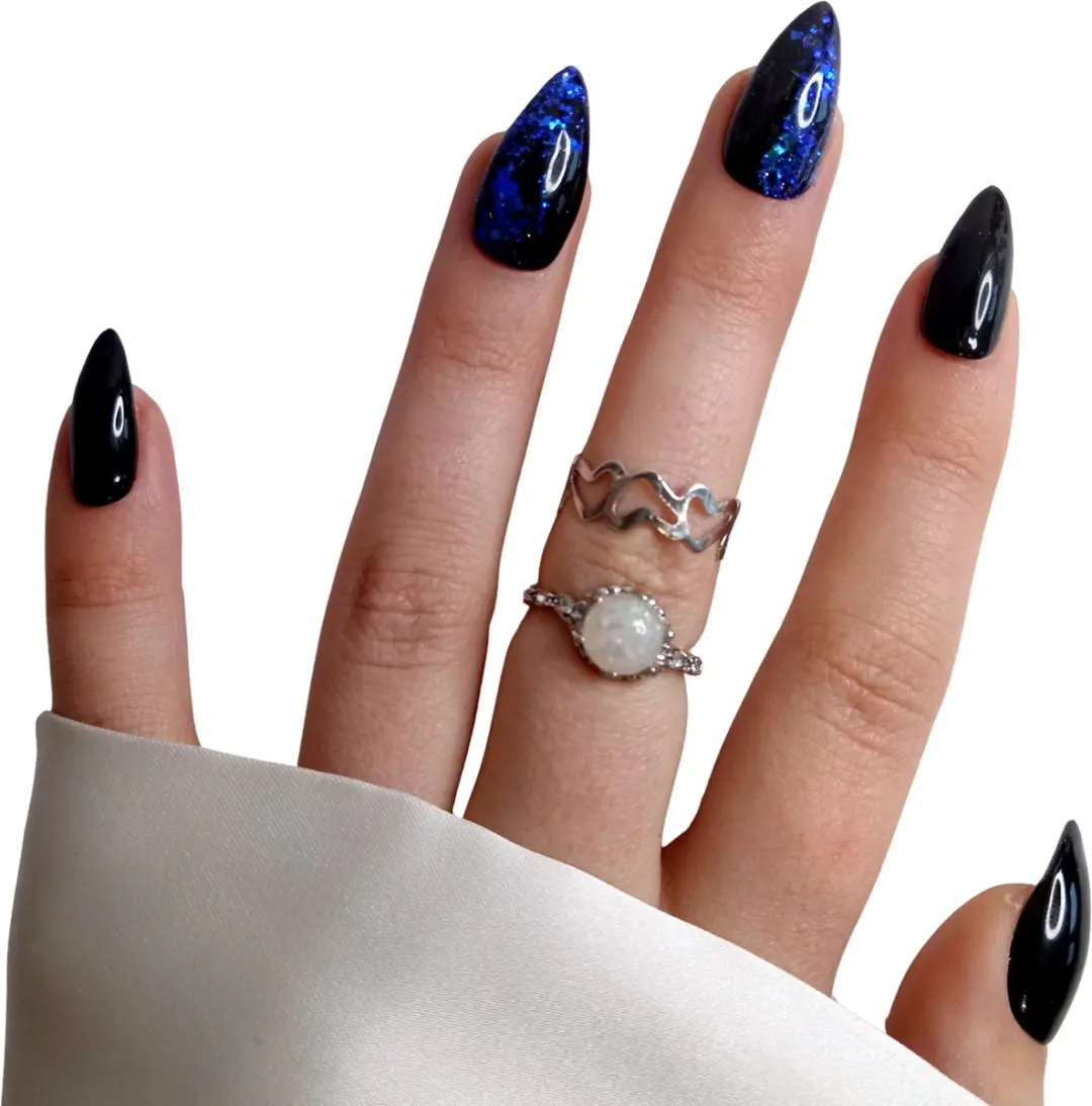 SD Press on Nails B-181 Plaknagels Medium Stiletto - Zwart/Blauw - 20 Stuks