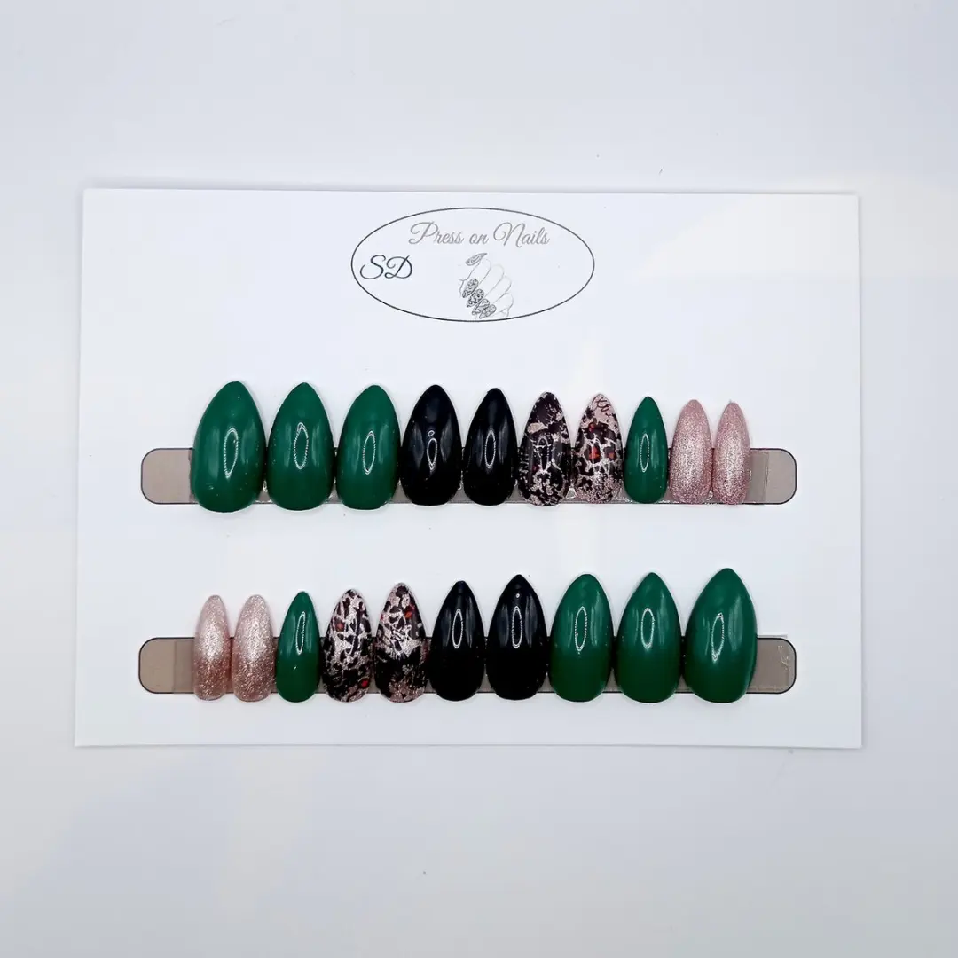 SD Press on Nails B-90 Plaknagels - 20 Stuks - Zwart Groen