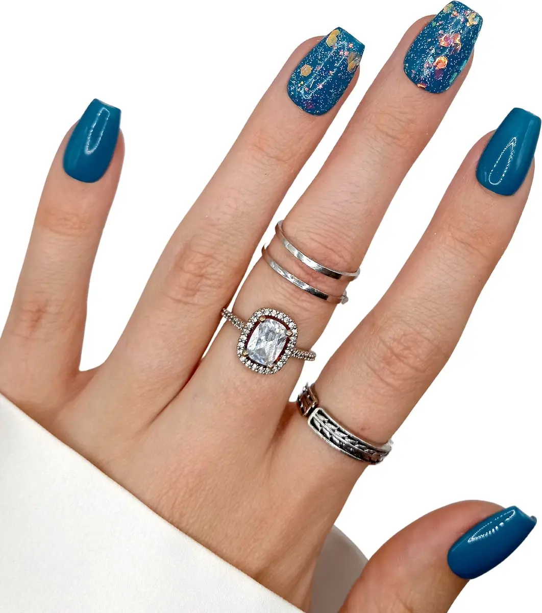 SD Press on Nails B-82 Plaknagels Blauw Glitter - 20 Stuks - M
