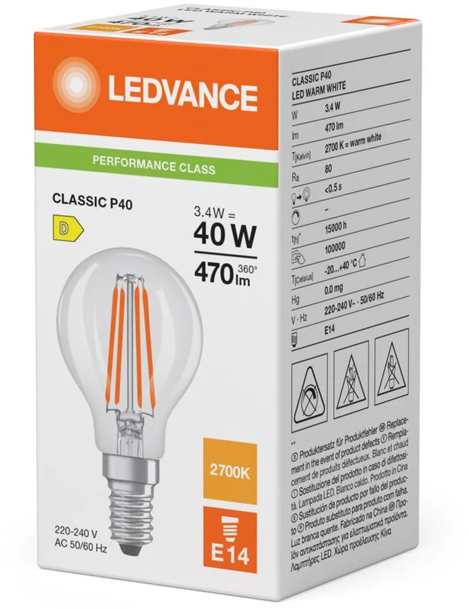 LEDVANCE LED Filament Kogellamp E14 3.4W 470lm 2700K - Ø45mm