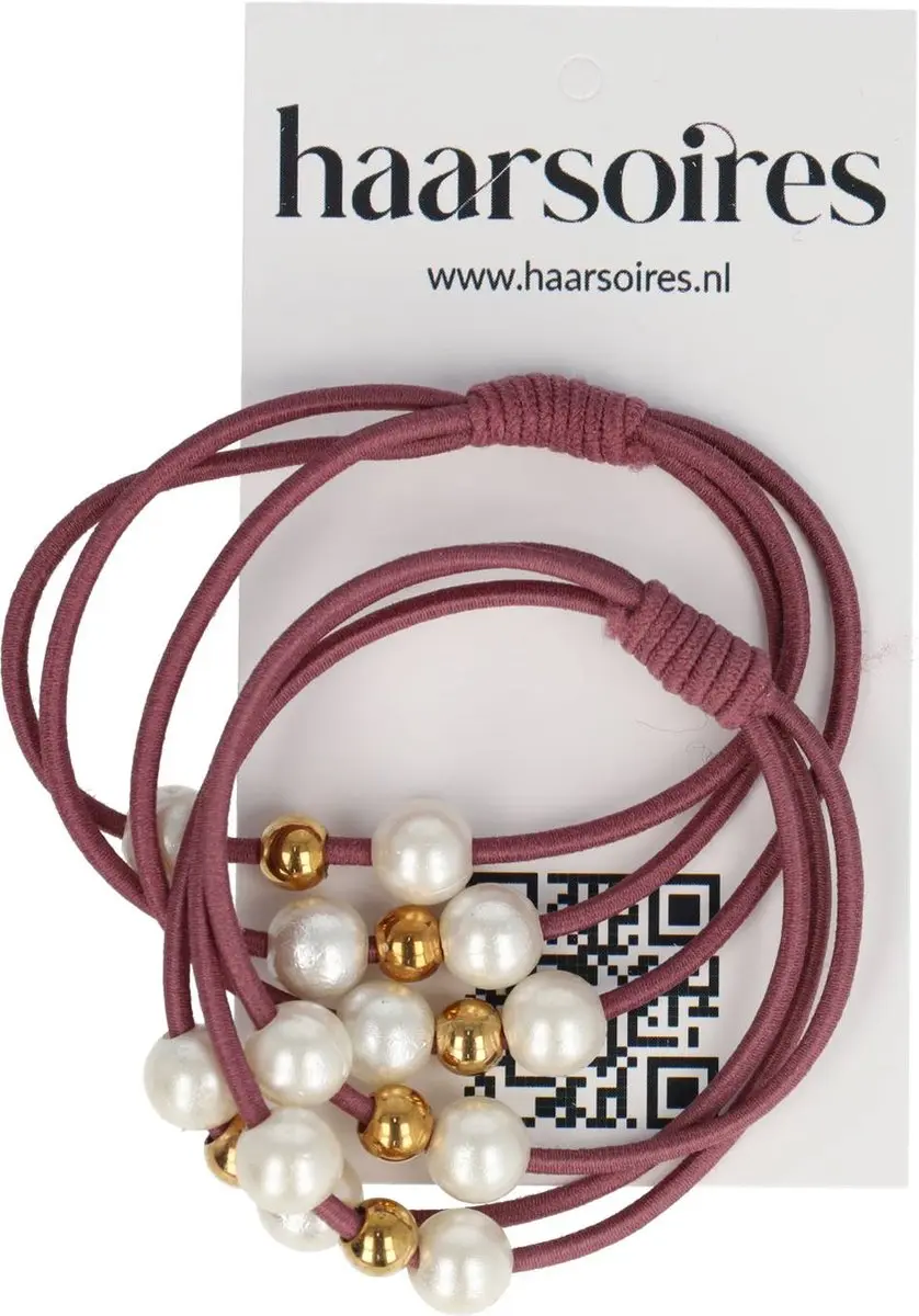 Haarsoires Haarelastieken Paars/Wit/Goud Parelkralen - 2 Stuks