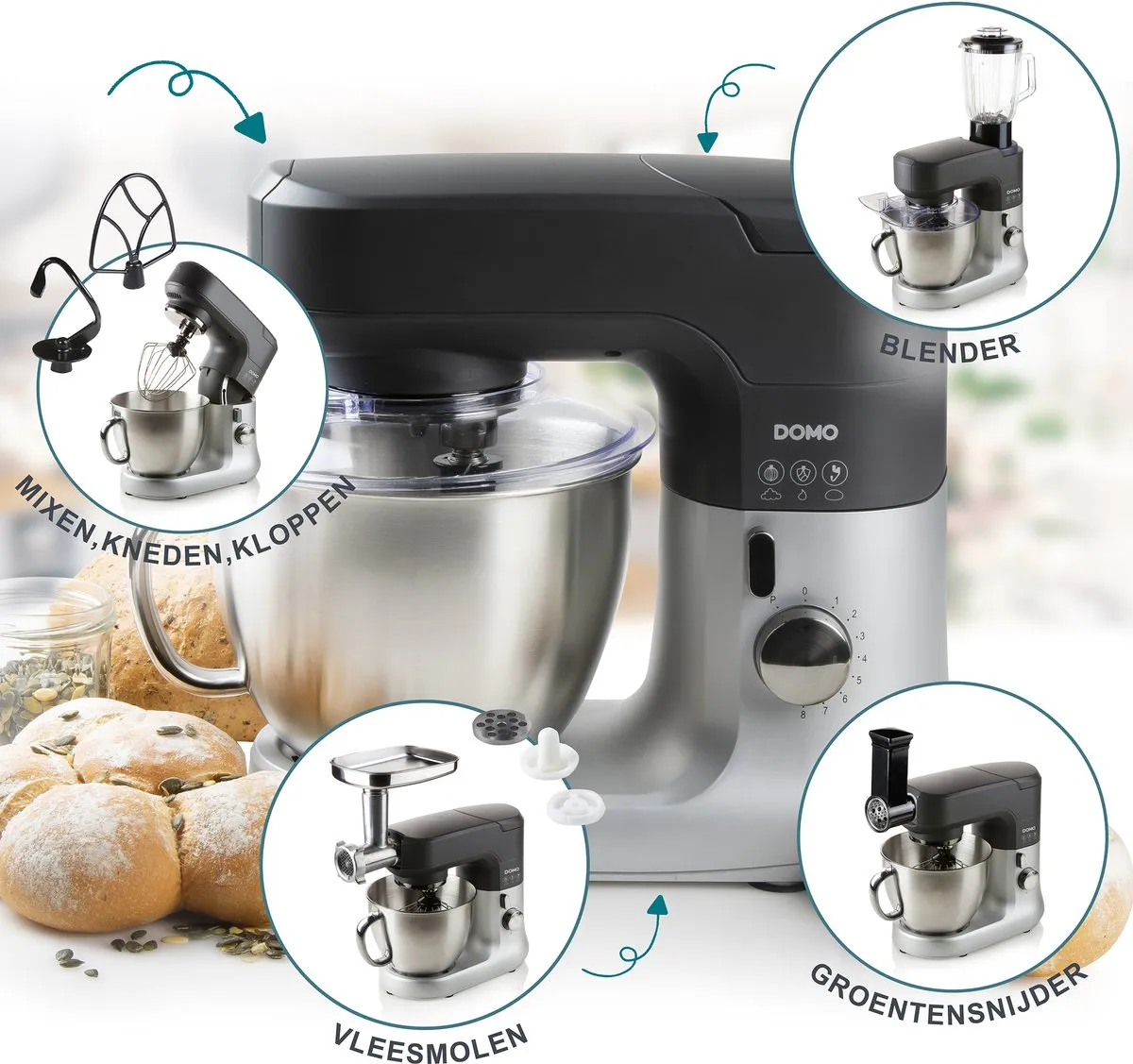 Domo DO9182KR Keukenmachine 1000W - 8 Snelheden - Zwart