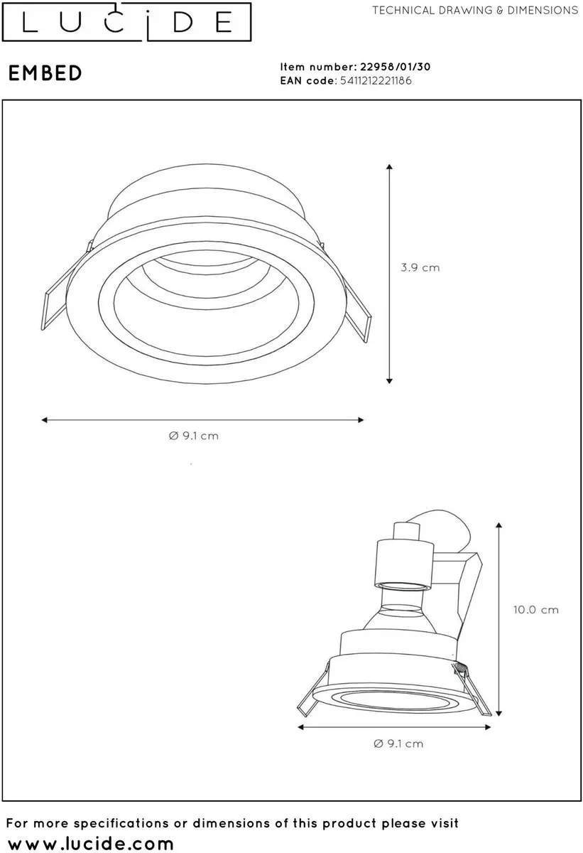 Lucide EMBED Inbouwspot Ø9,1cm GU10 - Zwart