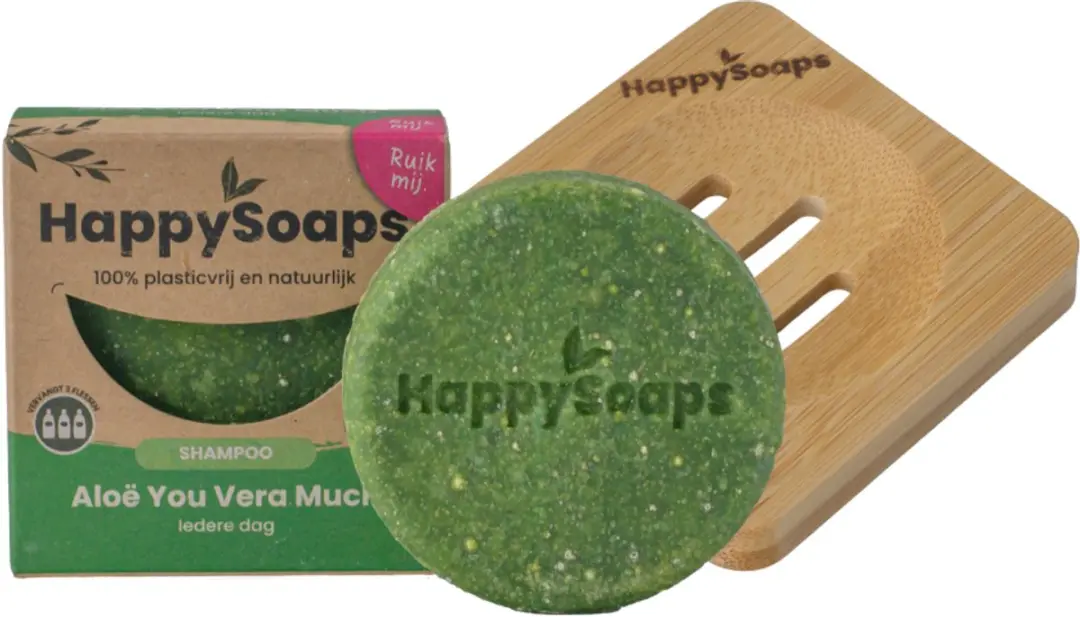 HappySoaps Aloë You Vera Much Shampo Bar + Bamboe Houder