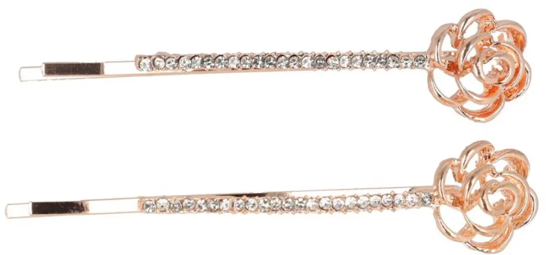Haarsoires Schuifspeldjes 6cm - Roos Bloem Strass - Koper - 2 Stuks