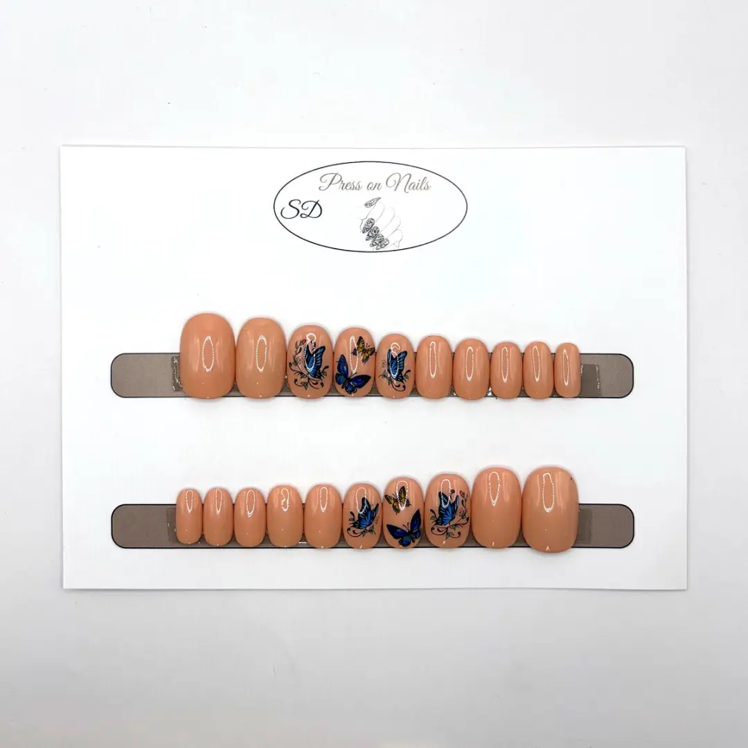 SD Press on Nails B11 Plaknagels Nude - 20 Stuks - Blauwe vlinders