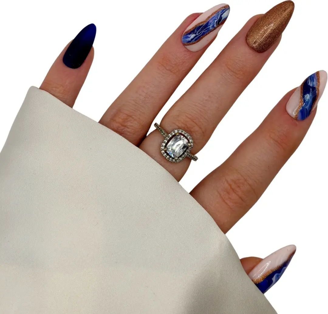 SD Press on Nails Vamos a Marte Plaknagels - 20 Stuks - Blauw/Goud - Stiletto