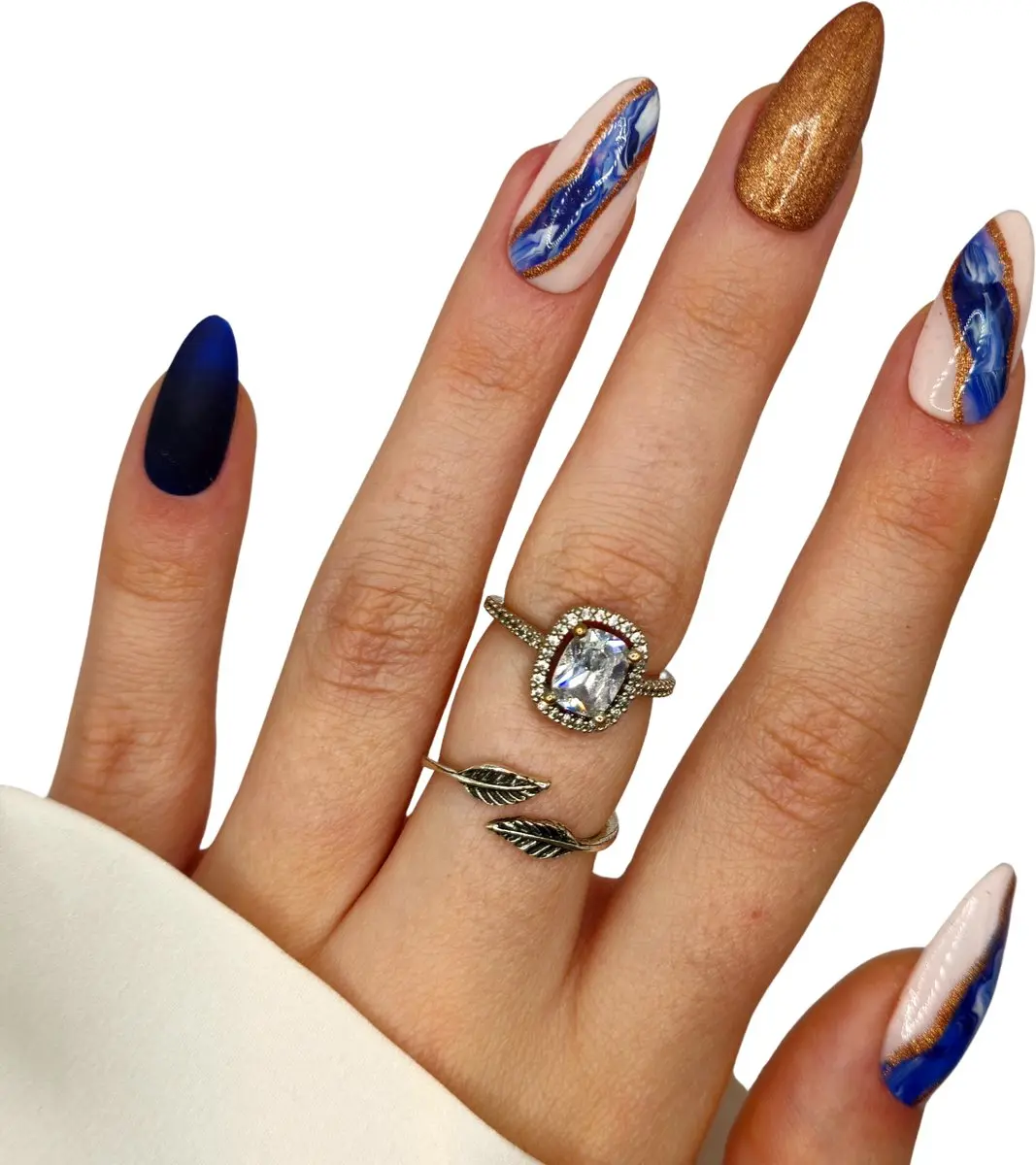 SD Press on Nails Vamos a Marte Plaknagels - 20 Stuks - Blauw/Goud - Stiletto