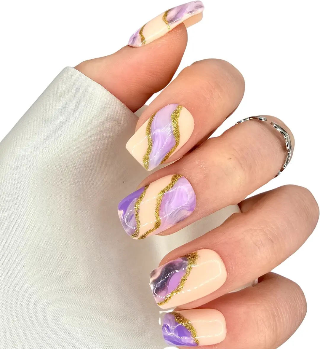 SD Press on Nails Set No. 22 Waves - Medium Plaknagels - Nude/Paars Marble/Goud - afbeelding 6 van 6