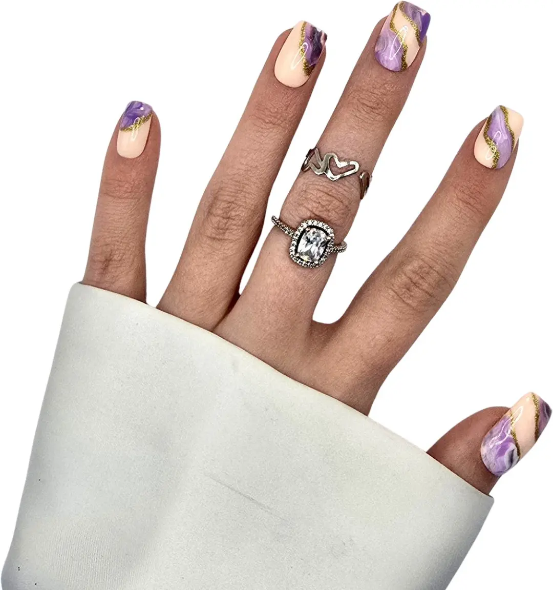 SD Press on Nails Set No. 22 Waves - Medium Plaknagels - Nude/Paars Marble/Goud