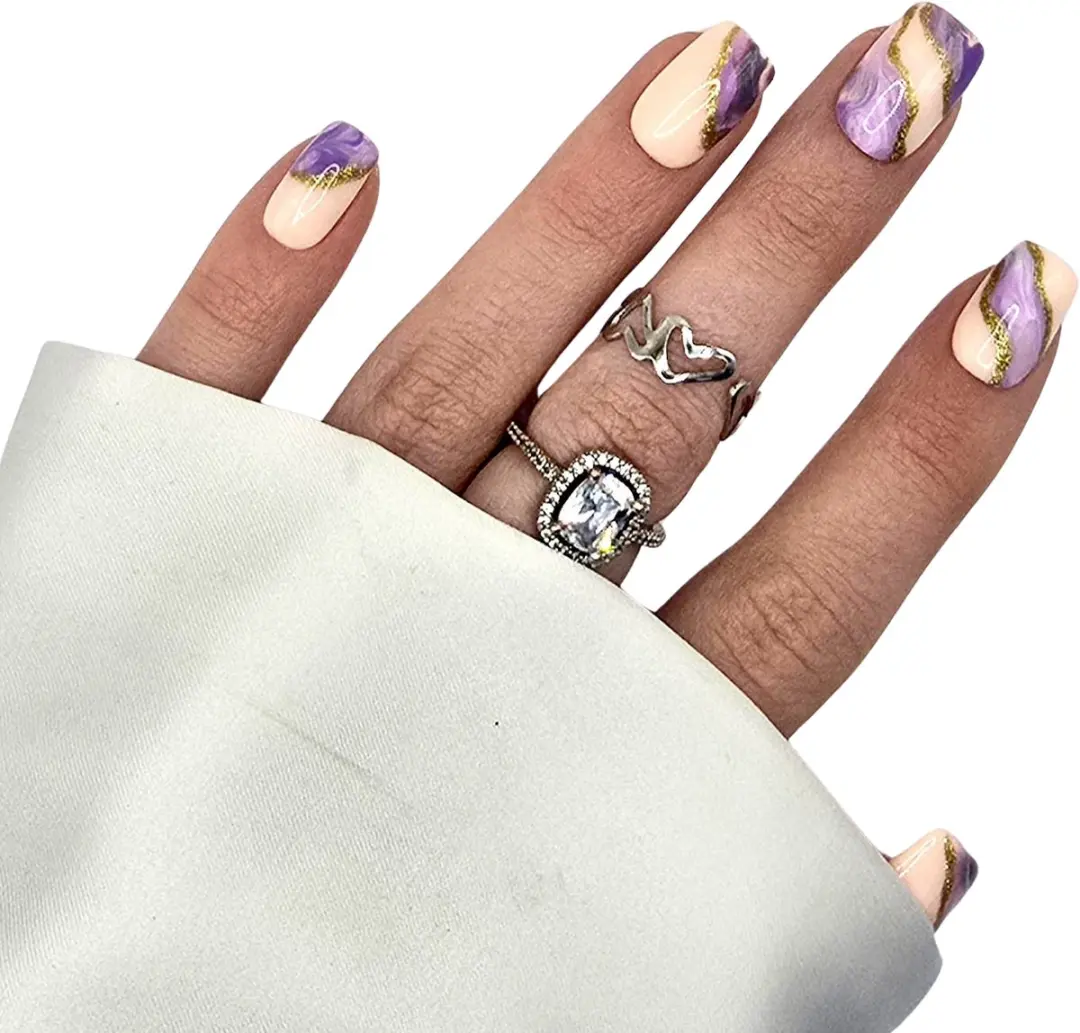 SD Press on Nails Set No. 22 Waves - Medium Plaknagels - Nude/Paars Marble/Goud