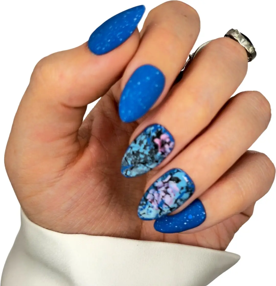 SD Press on Nails B-283 Plaknagels Blauw Glitter Matte Medium Almond