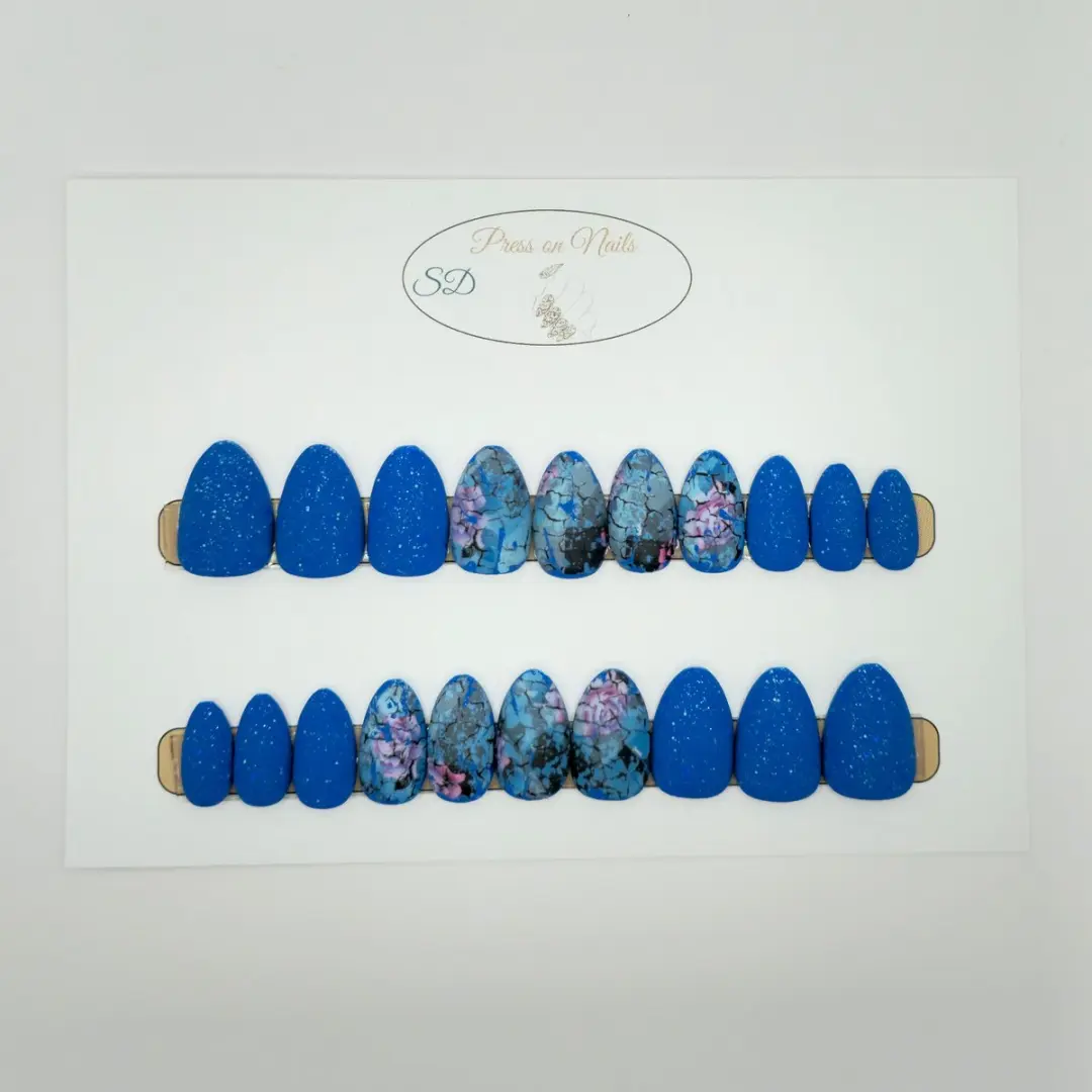 SD Press on Nails B-283 Plaknagels Blauw Glitter Matte Medium Almond - 20 Stuks
