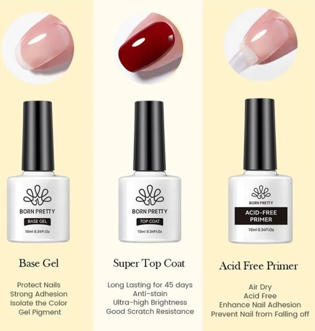 Born Pretty Gellak Starterspakket 3x10ml - Primer/Base/Topcoat