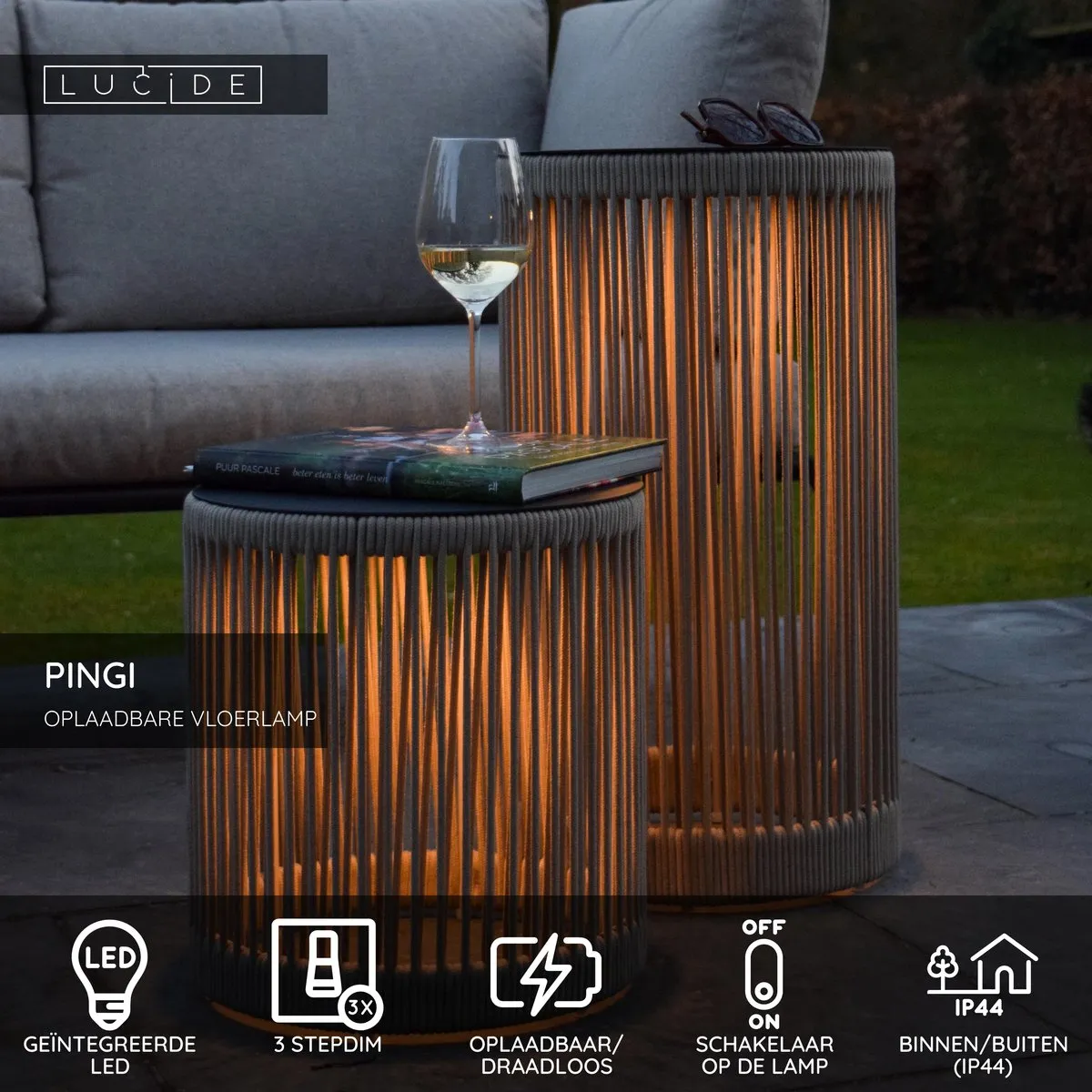 Lucide PINGI Oplaadbare Vloerlamp - Ø33,5cm LED 3000K IP44 Taupe