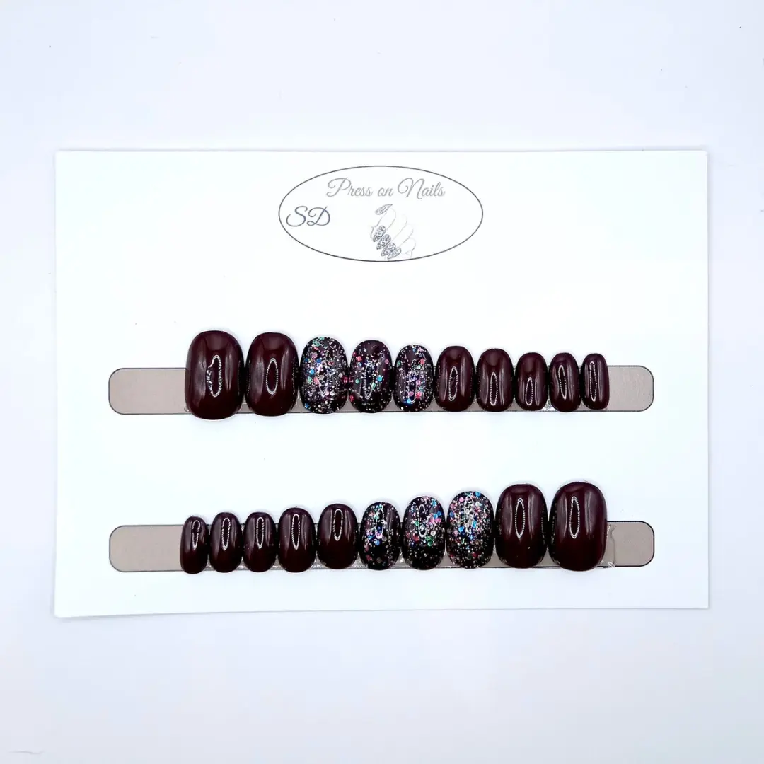 SD Press on Nails B-72 Plaknagels Donkerrood Glitter - 20 Stuks