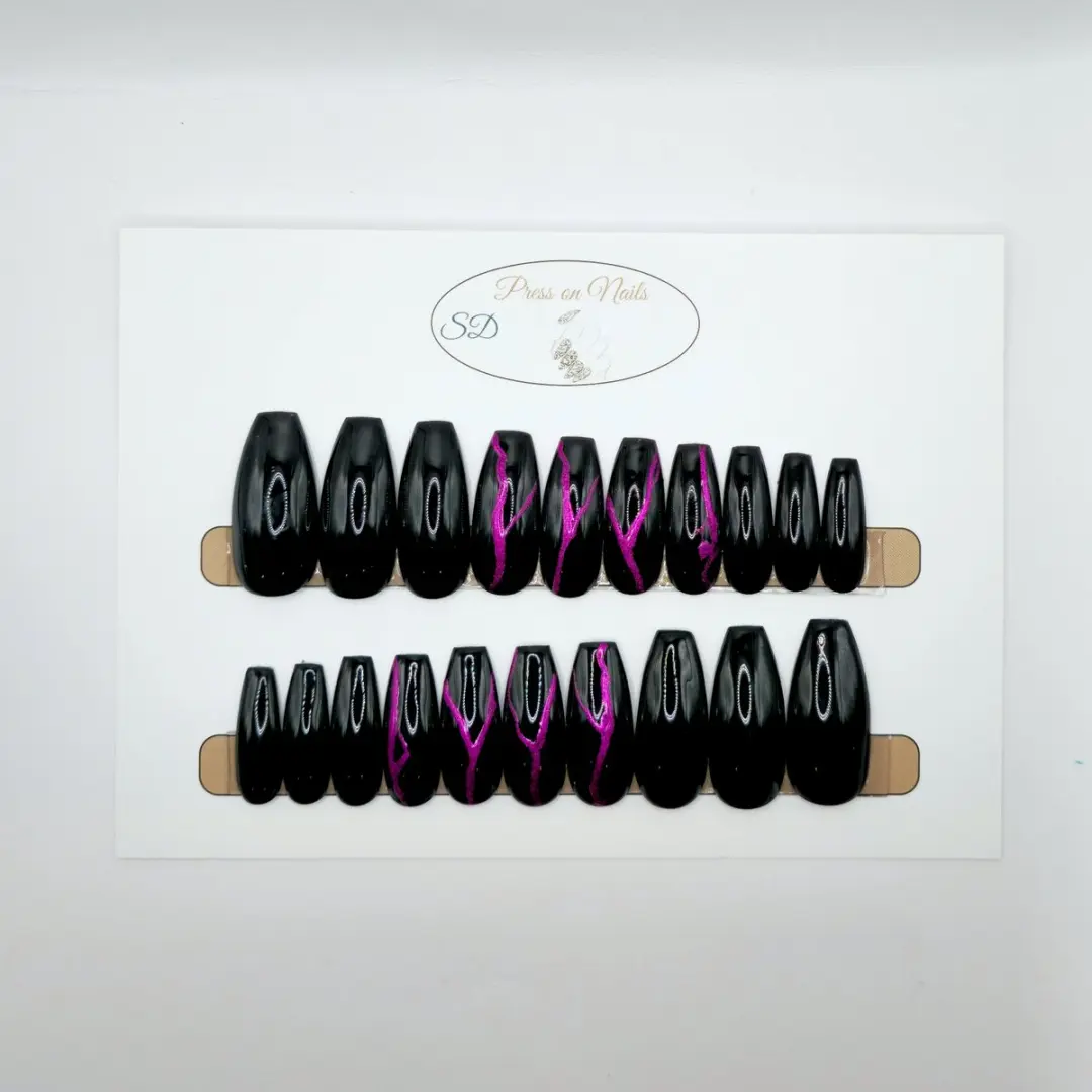 SD Press on Nails B-286 XL Ballerina Coffin Nagels - Zwart Roze Marble - 20 Stuks