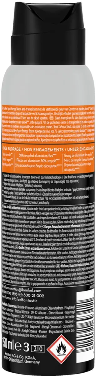 Fa Men Sport Energy Boost Deodorant - 6x 150ml - Gember & Limoen