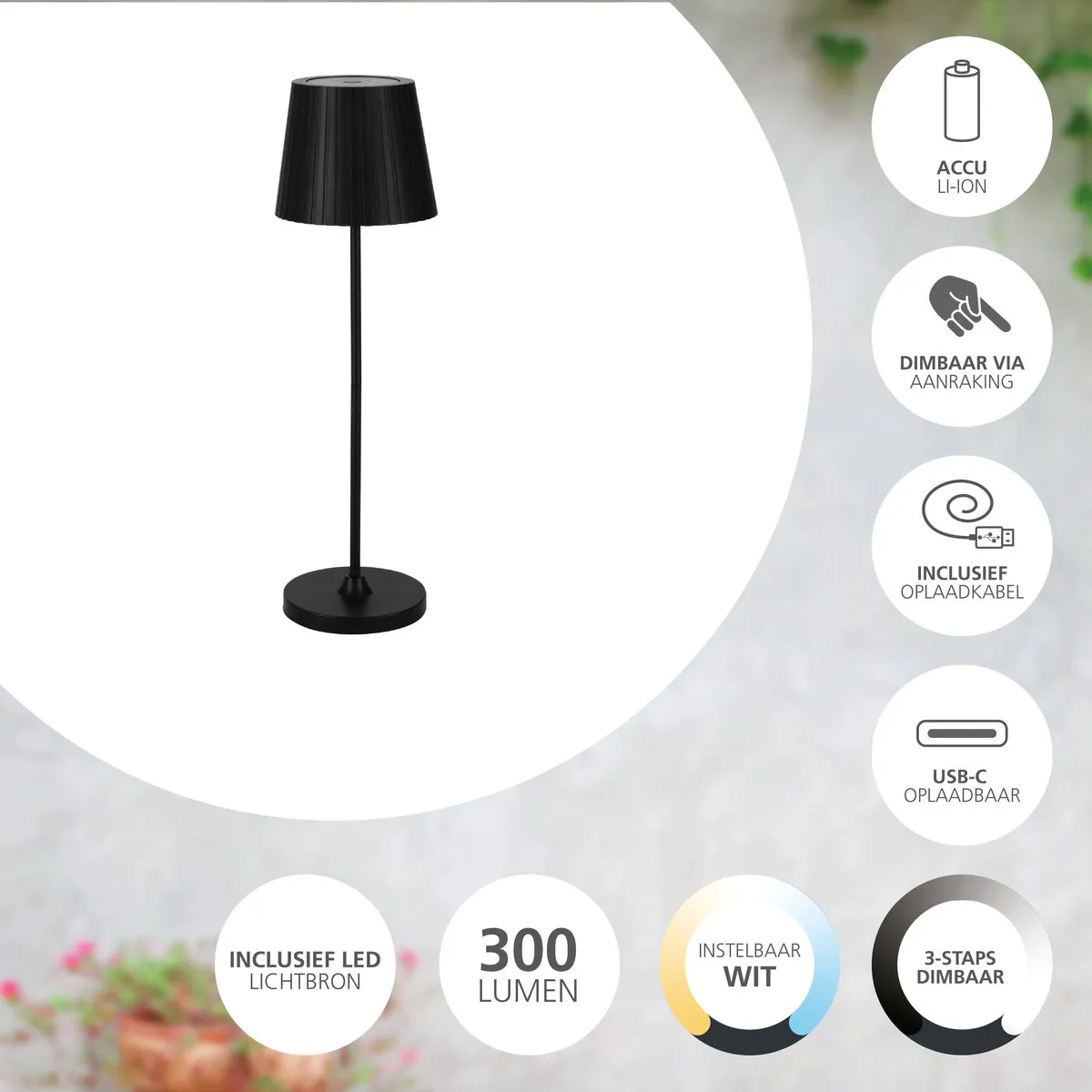 Eglo Cabozo Oplaadbare LED Tafellamp 37cm - Zwart - Dimbaar