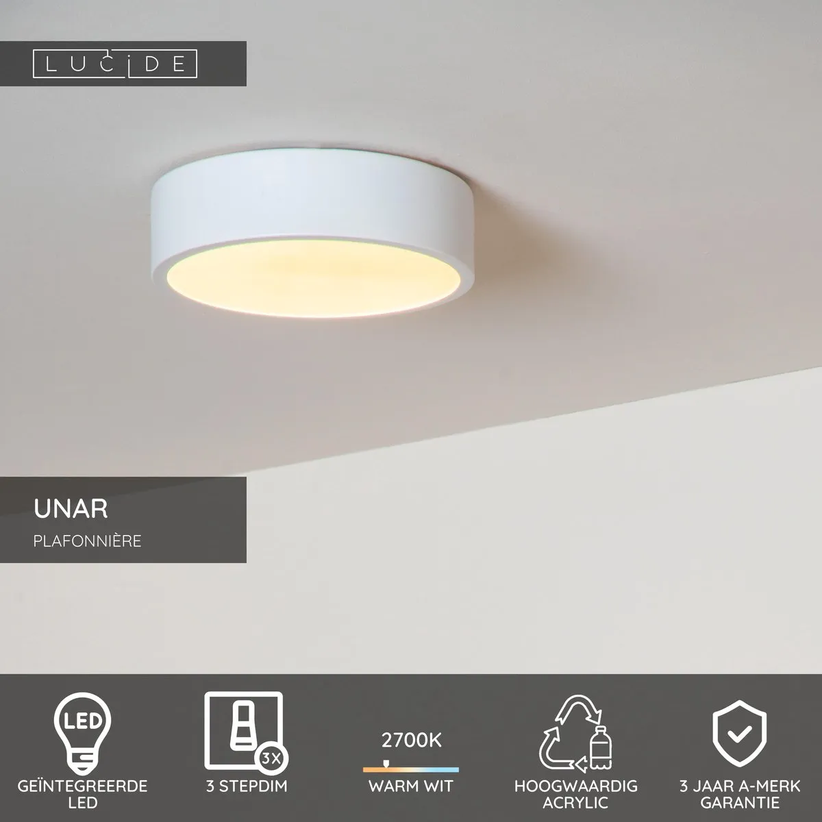 Lucide UNAR Plafondlamp Ø20cm - LED 12W 2700K Wit