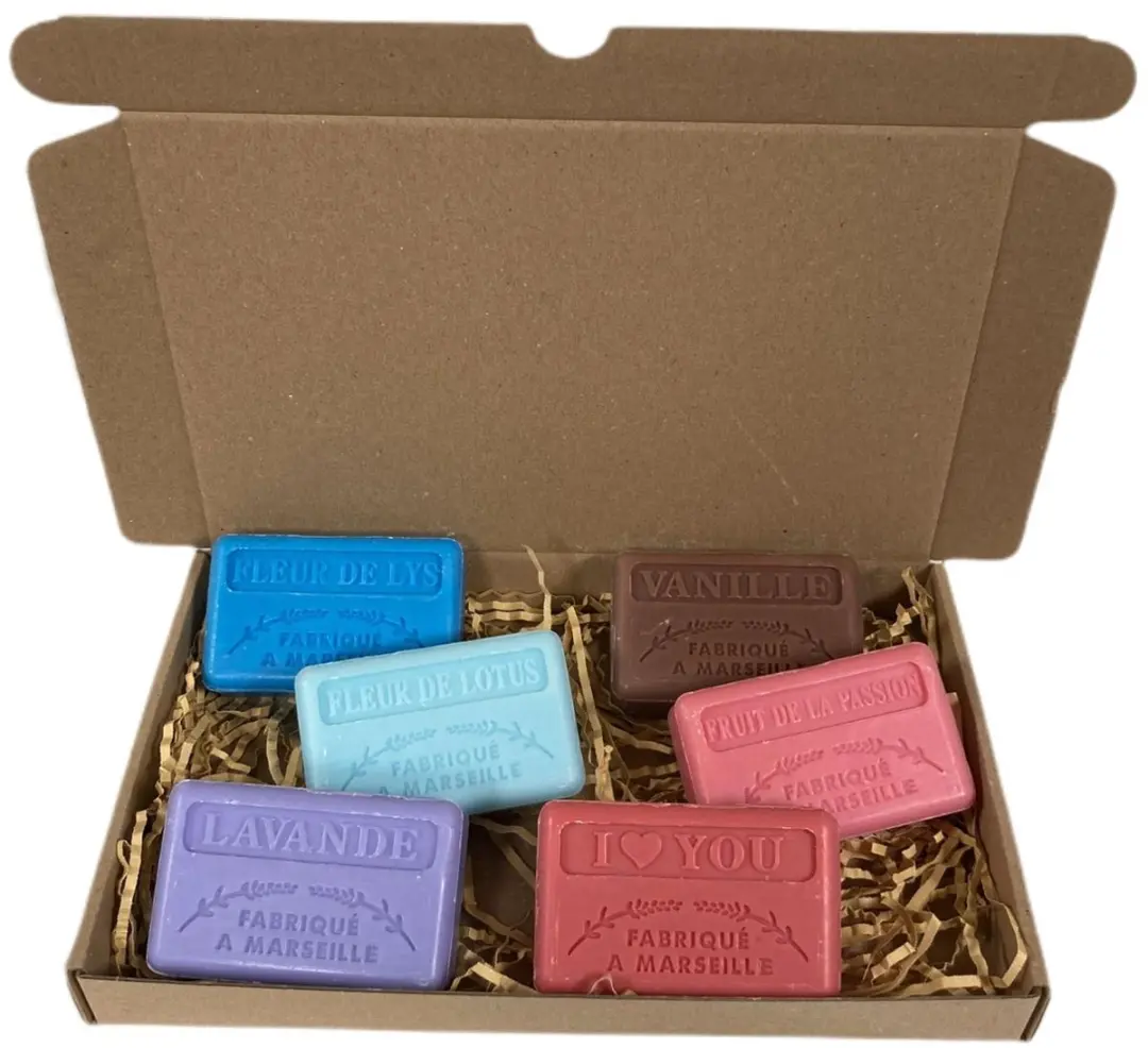 Savon de Marseille Zeepset 6x125g - Fleur de lys/Lotus/Lavendel/Vanille/Fruit de la passion/I love you