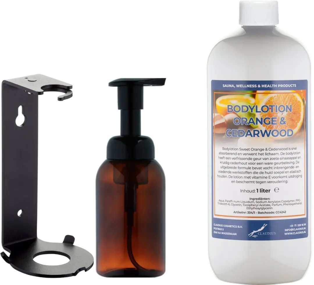 Splashbox Cosmetics Zeepdispenser 300ml + Bodylotion 1L Sweet Orange & Cedarwood