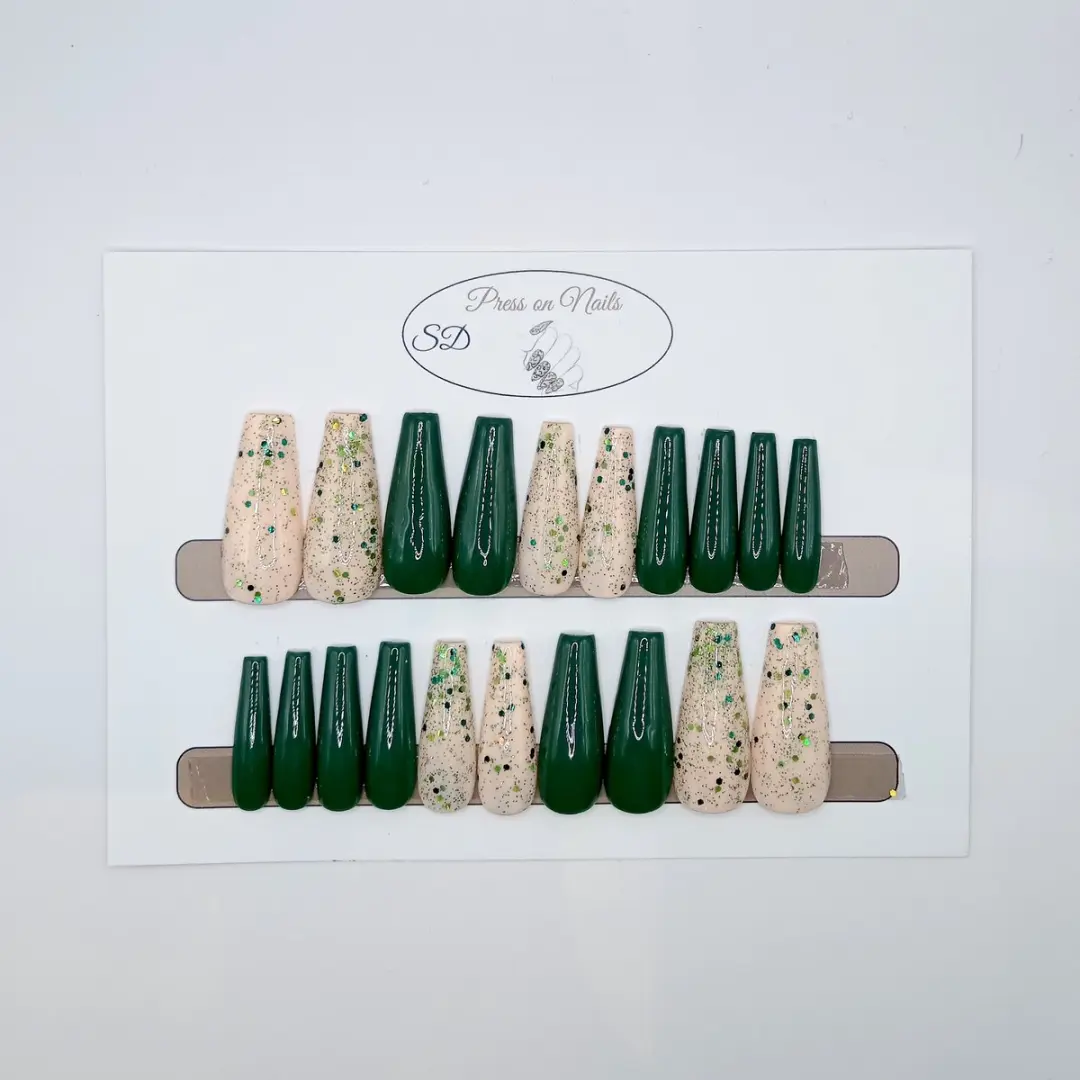 SD Press on Nails B-202 XL Coffin Green Glitter - 20 Stuks