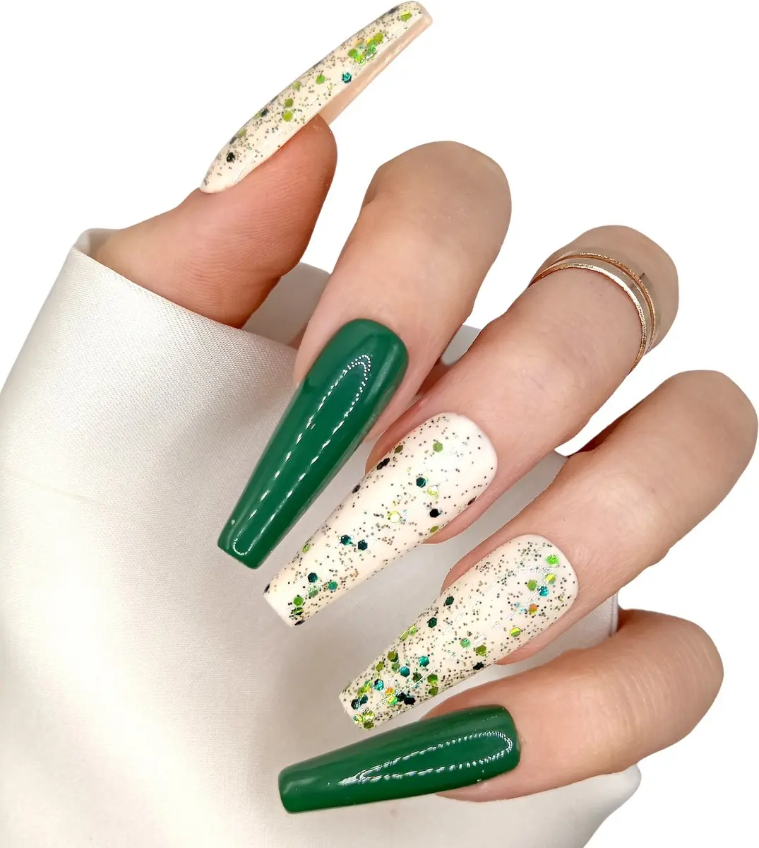 SD Press on Nails B-202 XL Coffin Green Glitter - 20 Stuks