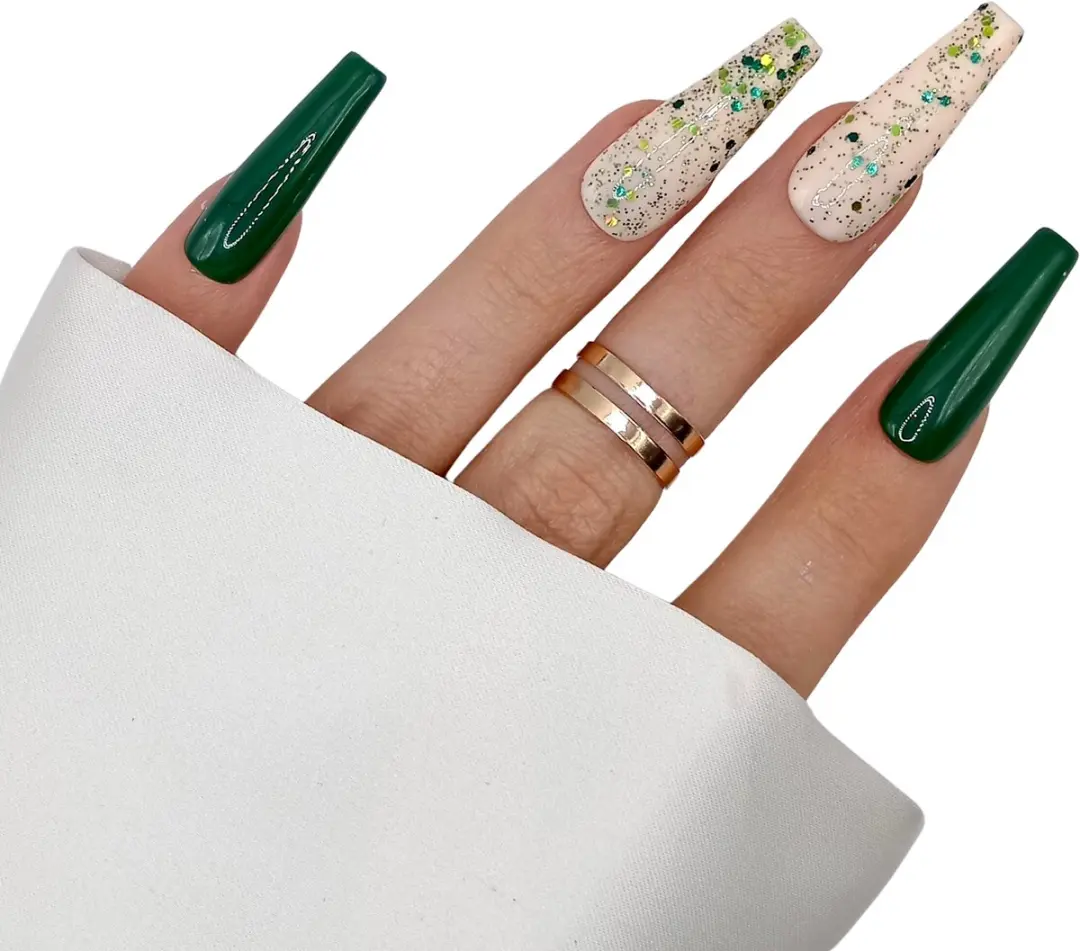 SD Press on Nails B-202 XL Coffin Green Glitter