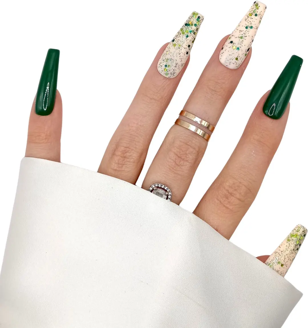 SD Press on Nails B-202 XL Coffin Green Glitter - 20 Stuks