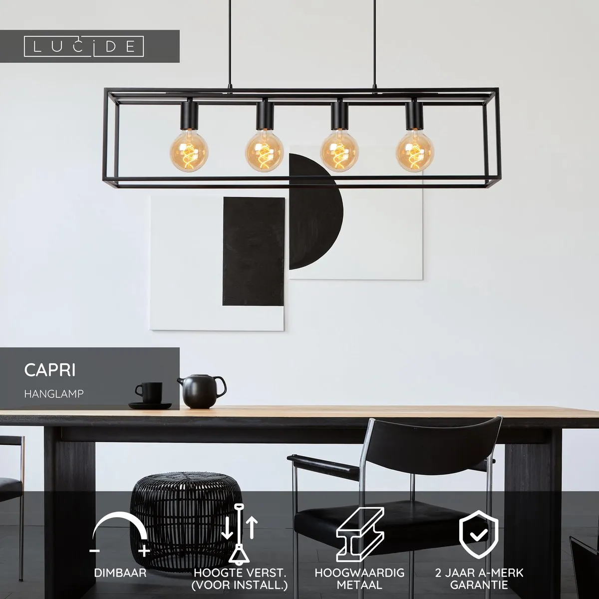Lucide Capri Hanglamp 4xE27 - Zwart - afbeelding 6 van 6