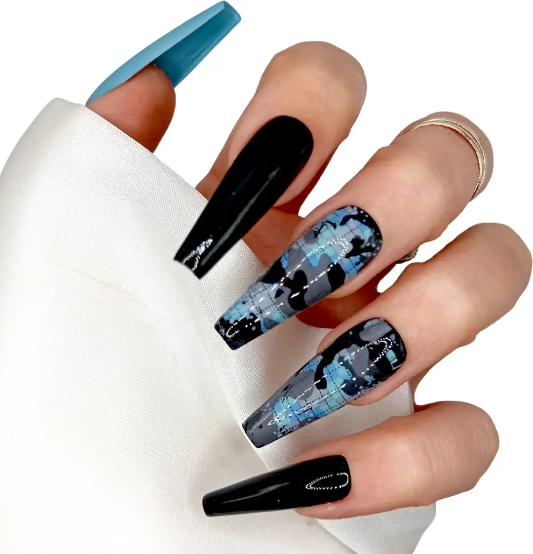 SD Press on Nails B-194 XL Coffin Nagels - Blauw/Zwart Camo - 20 Stuks