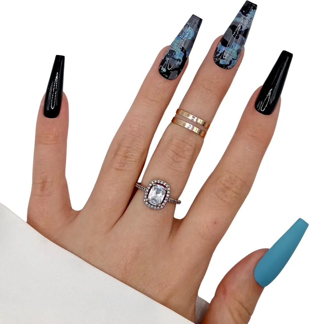 SD Press on Nails B-194 XL Coffin Nagels - Blauw/Zwart Camo - 20 Stuks