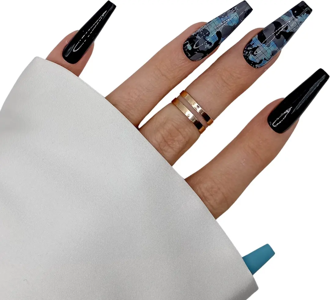 SD Press on Nails B-194 XL Coffin Nagels - Blauw/Zwart Camo - 20 Stuks