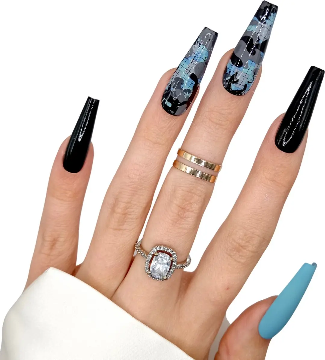 SD Press on Nails B-194 XL Coffin Nagels - Blauw/Zwart Camo - 20 Stuks