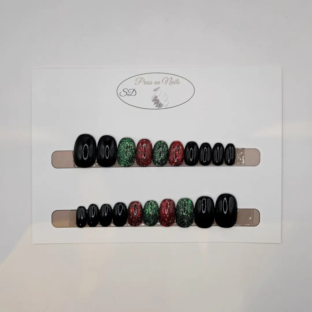 SD Press on Nails B-252 Plaknagels - 20 Stuks - Zwart Groen Rood Glitter
