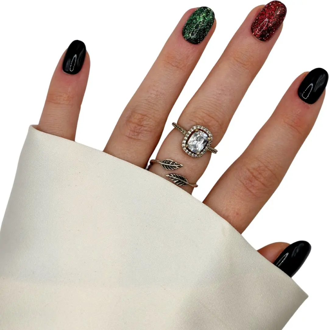 SD Press on Nails B-252 Plaknagels - 20 Stuks - Zwart Groen Rood Glitter