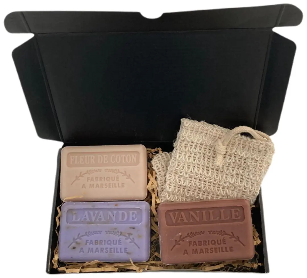 Savon de Marseille Zeepset Lavendel Scrub Vanille Fleur de Coton 3x125g